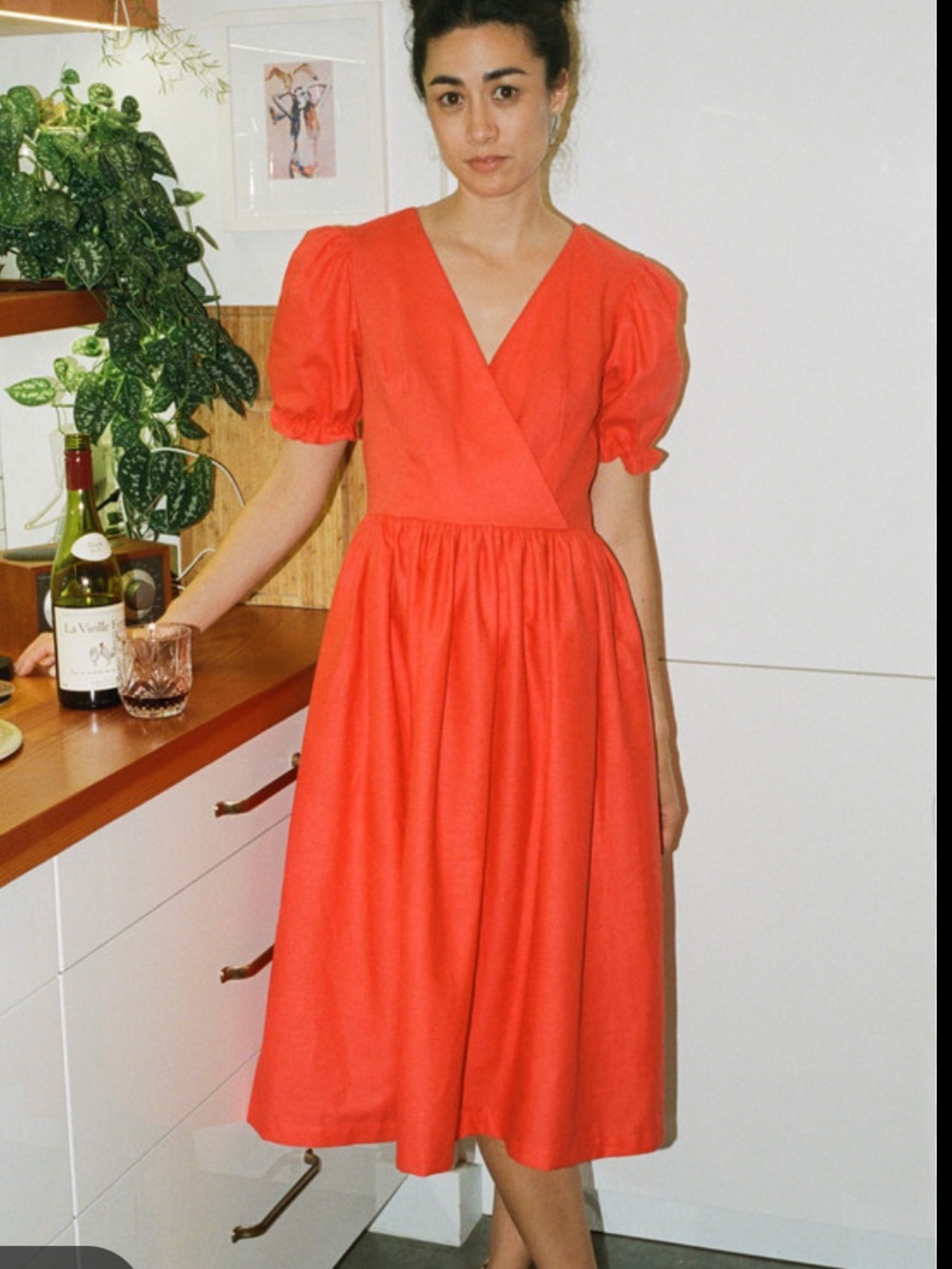 Lisa Says Gah Topenga Size XL Red Puff-Sleeve Wrap Midi Dress Tomato Color